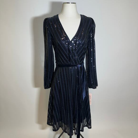 NWT Nanette Lepore Navy Blue Sequin Belted Cocktail Party Dress Womens Size 8 - Picture 1 of 12